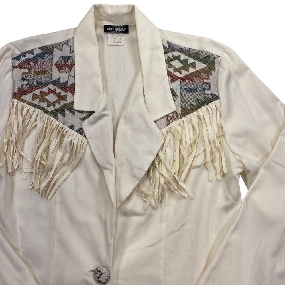 Hot Stuff Western Blazer Womens Large Cream Fringe Southwestern Tapestry USA